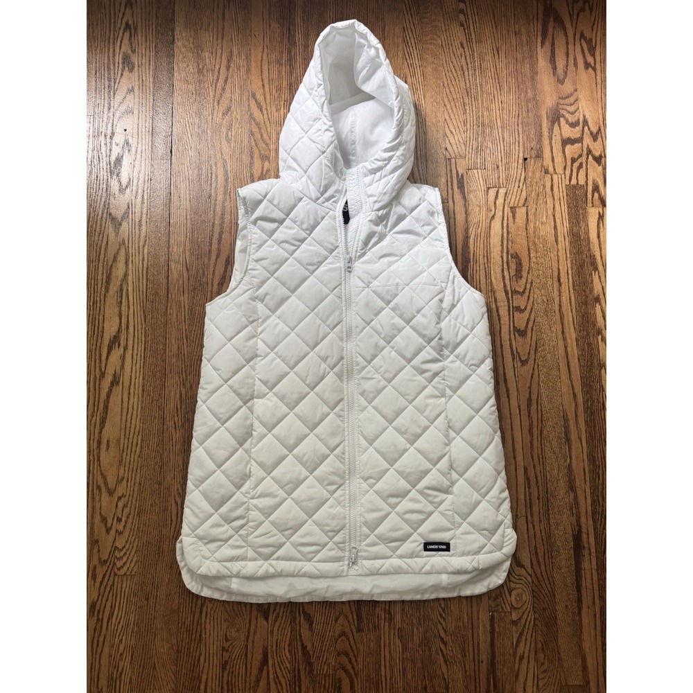 Lands' End Women's M 10-12 White Quilted Hooded Long Vest Full Zip Puffer
